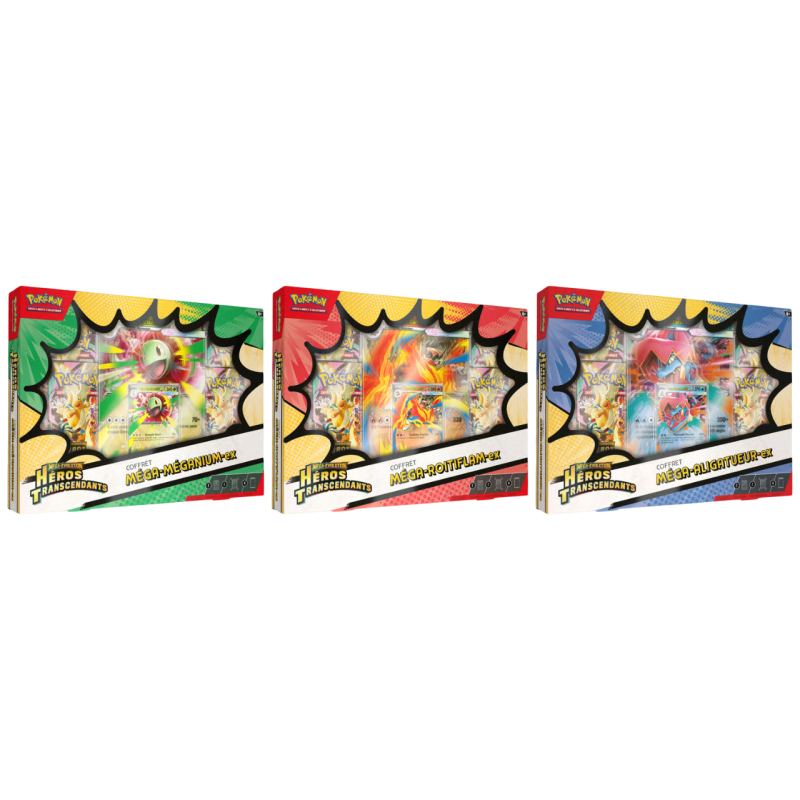 Pokémon - Coffret Méga-Évolution - Héros Transcendants - Méga‑Méganium ex / Méga‑Roitiflam ex / Méga‑Aligatueur ex - ME02.5