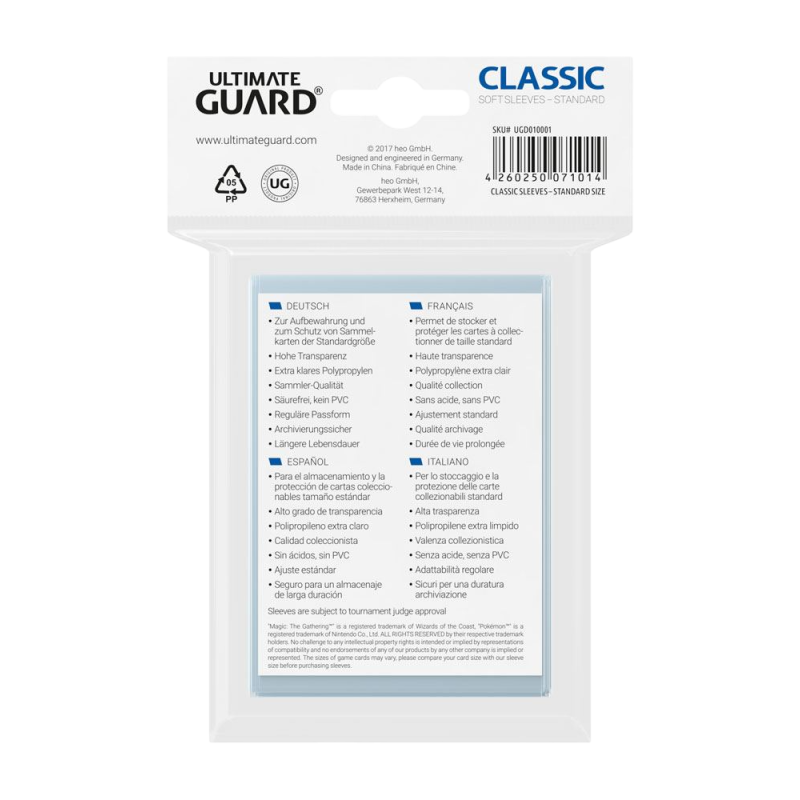Ultimate Guard - Sleeves Taille standard - Classic Soft Transparent x100