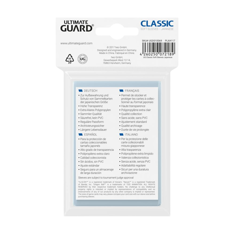 Ultimate Guard - Sleeves Taille japonaise - Classic Soft Transparent x100